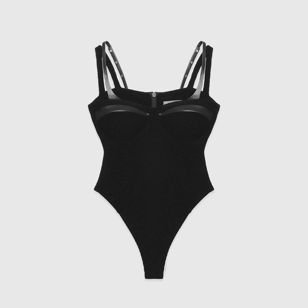 Twin Strap Ribbed Bodysuit - Black